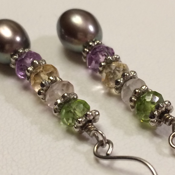 Gray Pearl, Crystal, & Sterling Dangle Earrings - Picture 5 of 7